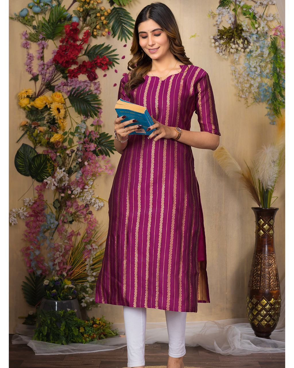 Jacquad weaving Calf Length Kurta For Women KT34_Wine