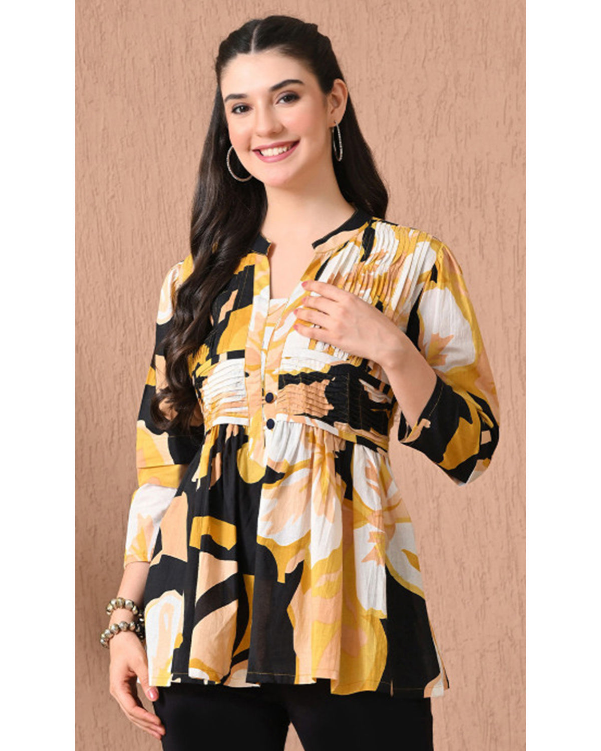 Women’s Cotton Abstract Printed Pleated Yoke Top