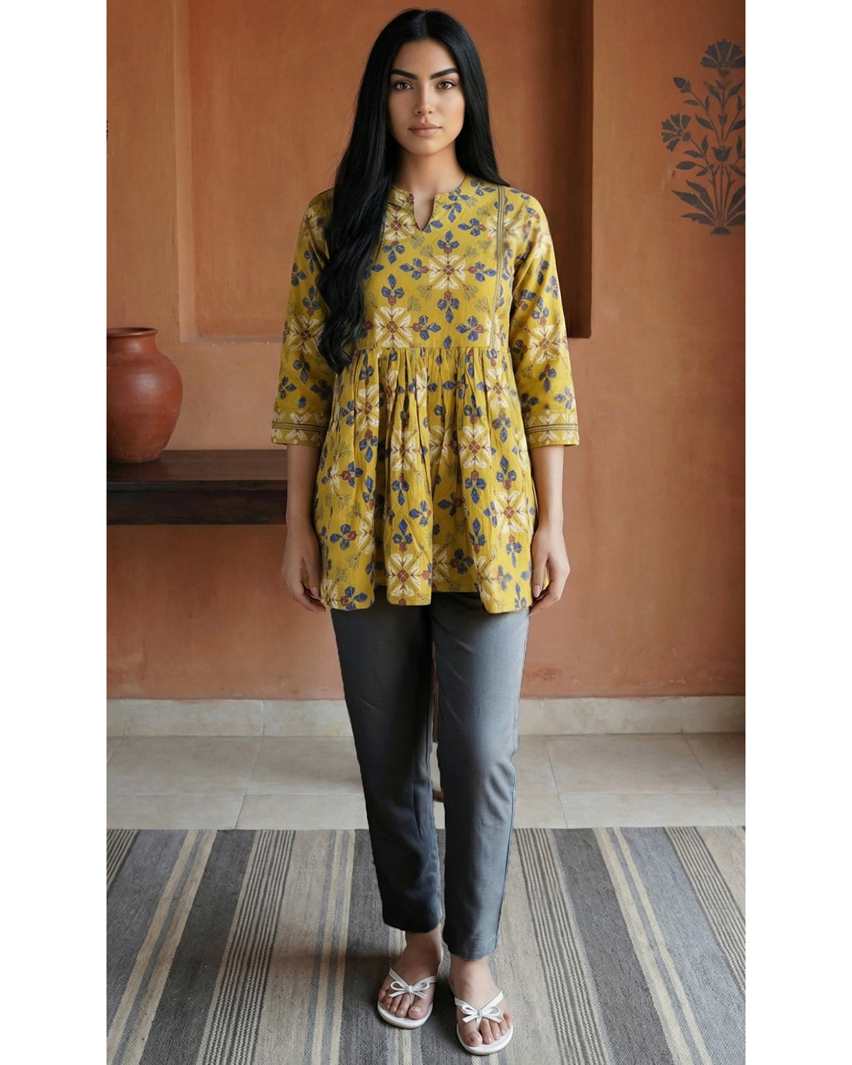 Women’s Cotton Floral Printed A-Line Tunic Top for Office Wear