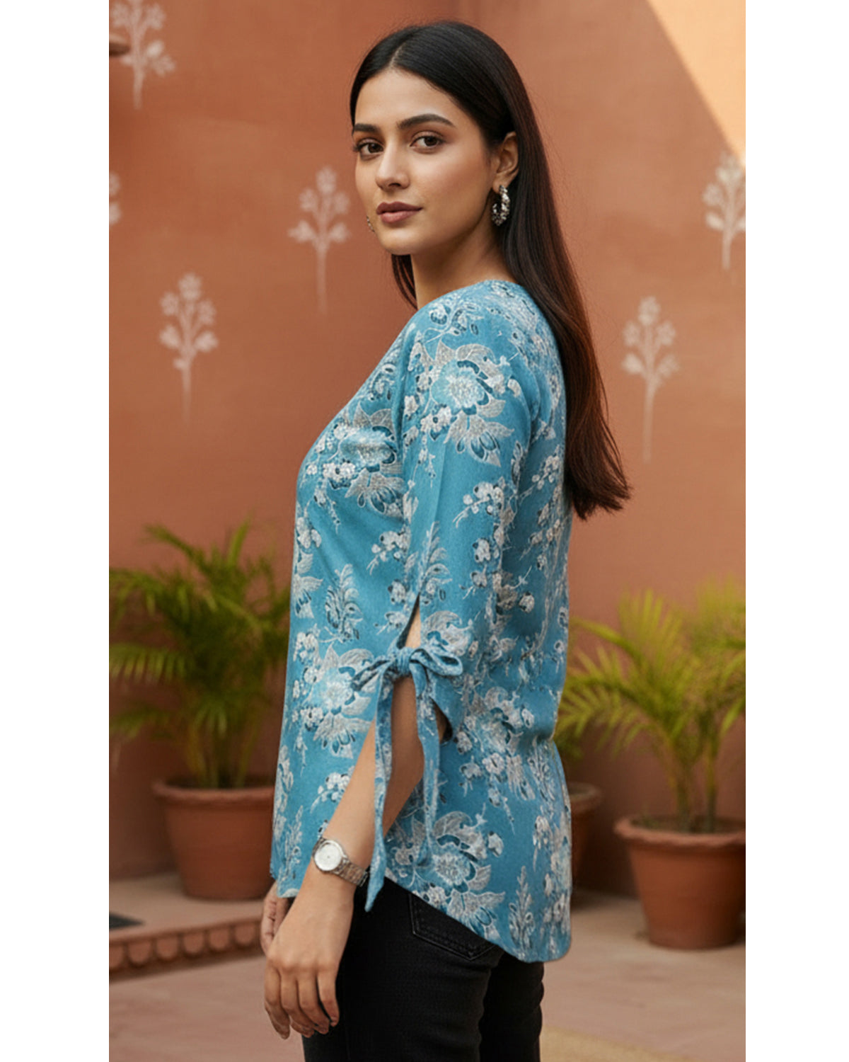 Women’s Cotton Floral Printed V-Neck Tunic Top with Tie-Up Sleeves