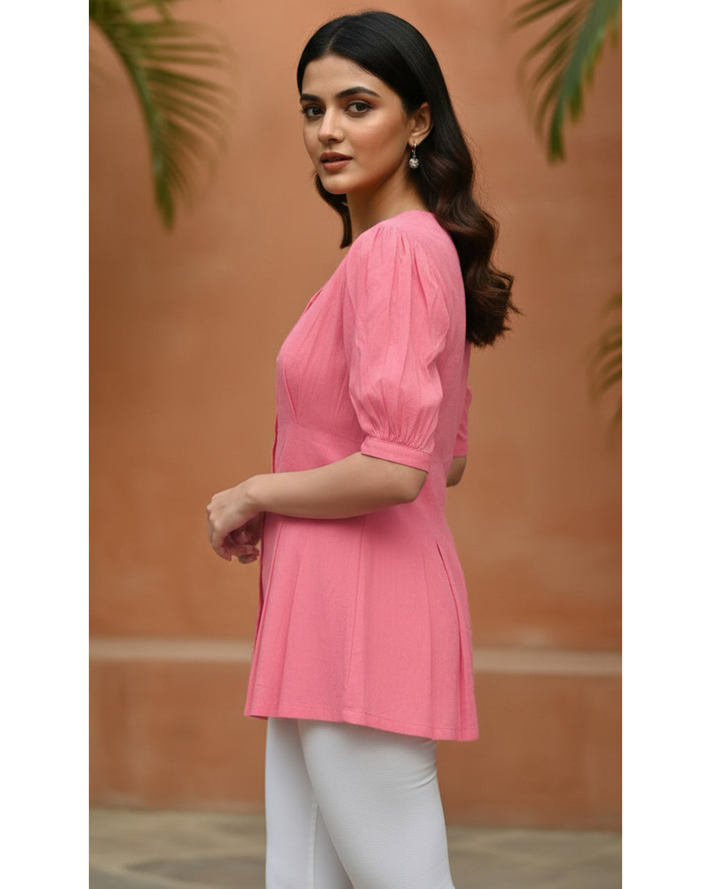Women’s Peach Cotton V-Neck Peplum Tunic Top
