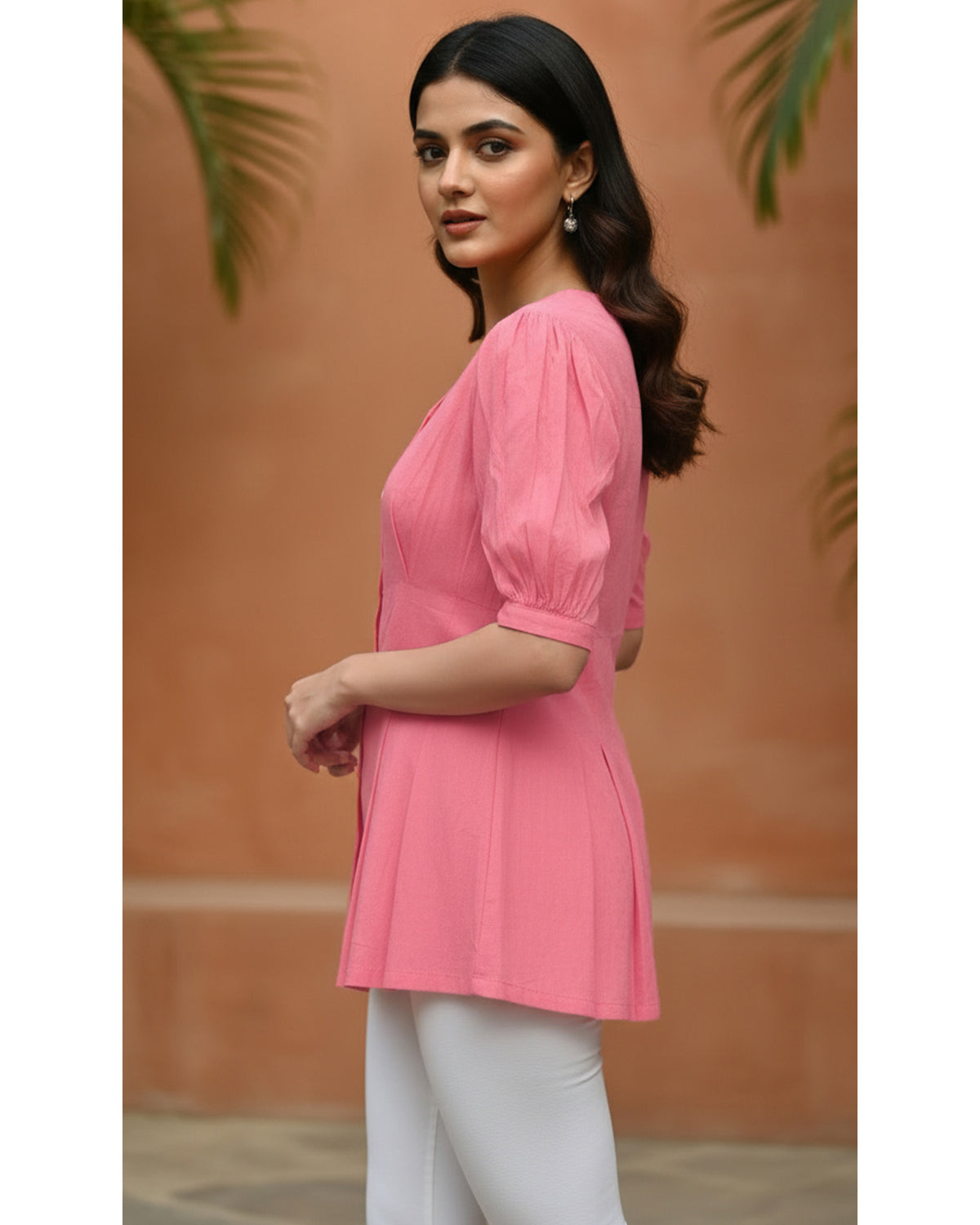 Women’s Peach Cotton V-Neck Peplum Tunic Top