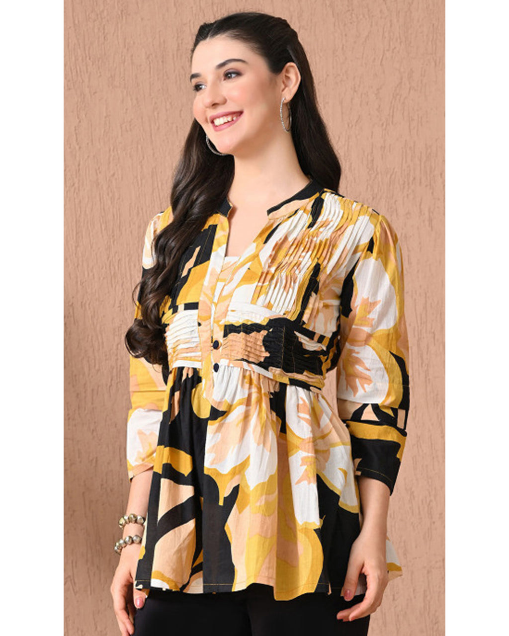Women’s Cotton Abstract Printed Pleated Yoke Top