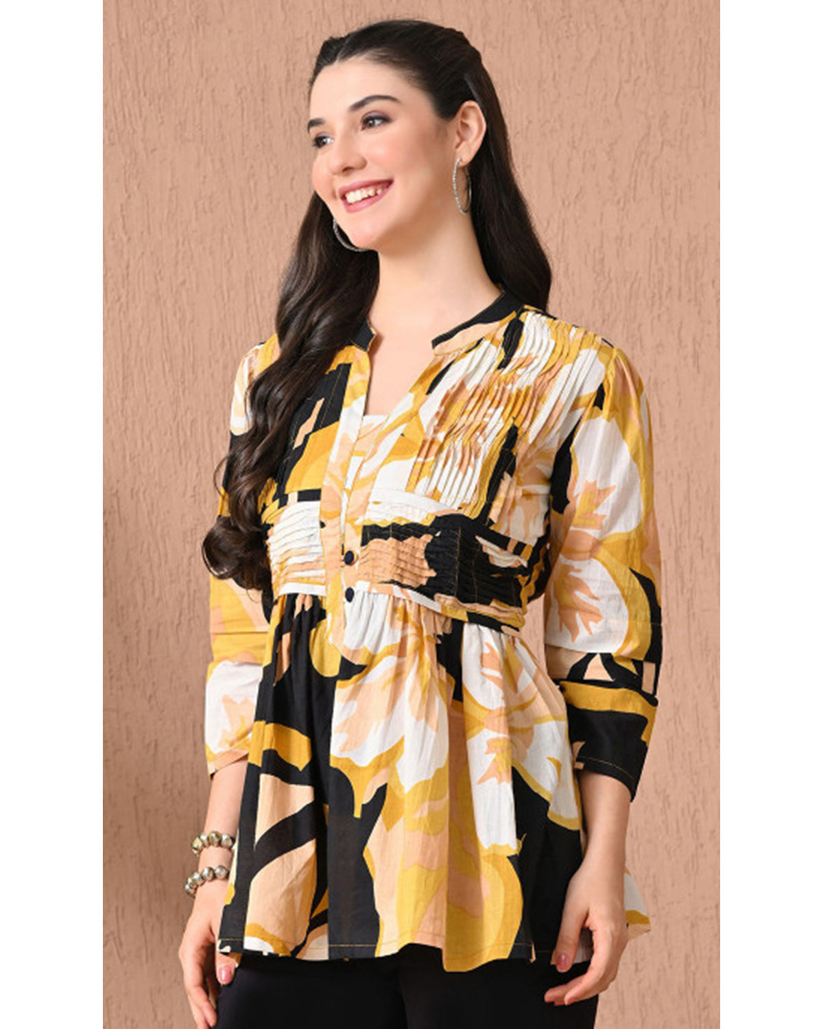 Women’s Cotton Abstract Printed Pleated Yoke Top