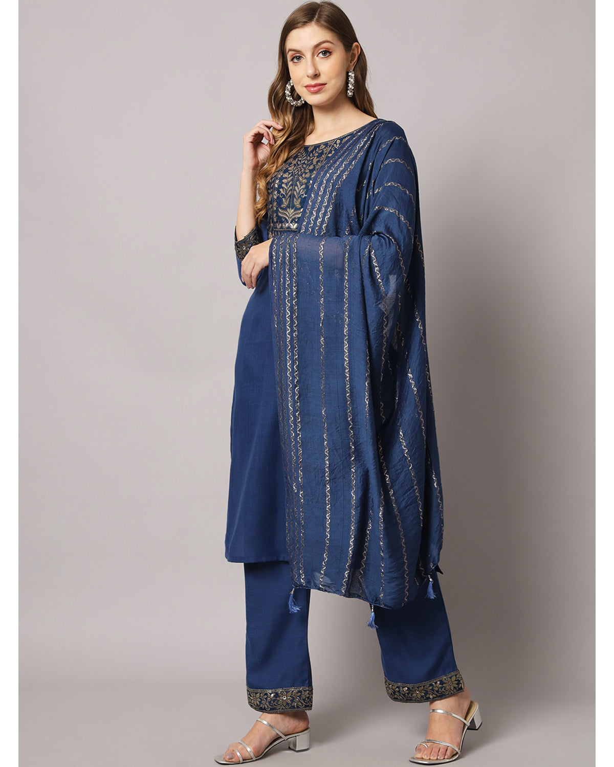 Cotton blend yoke print kurta set with dupatta