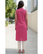 Women Pink Handloom Cotton Straight Calf Length Sleeveless Kurta