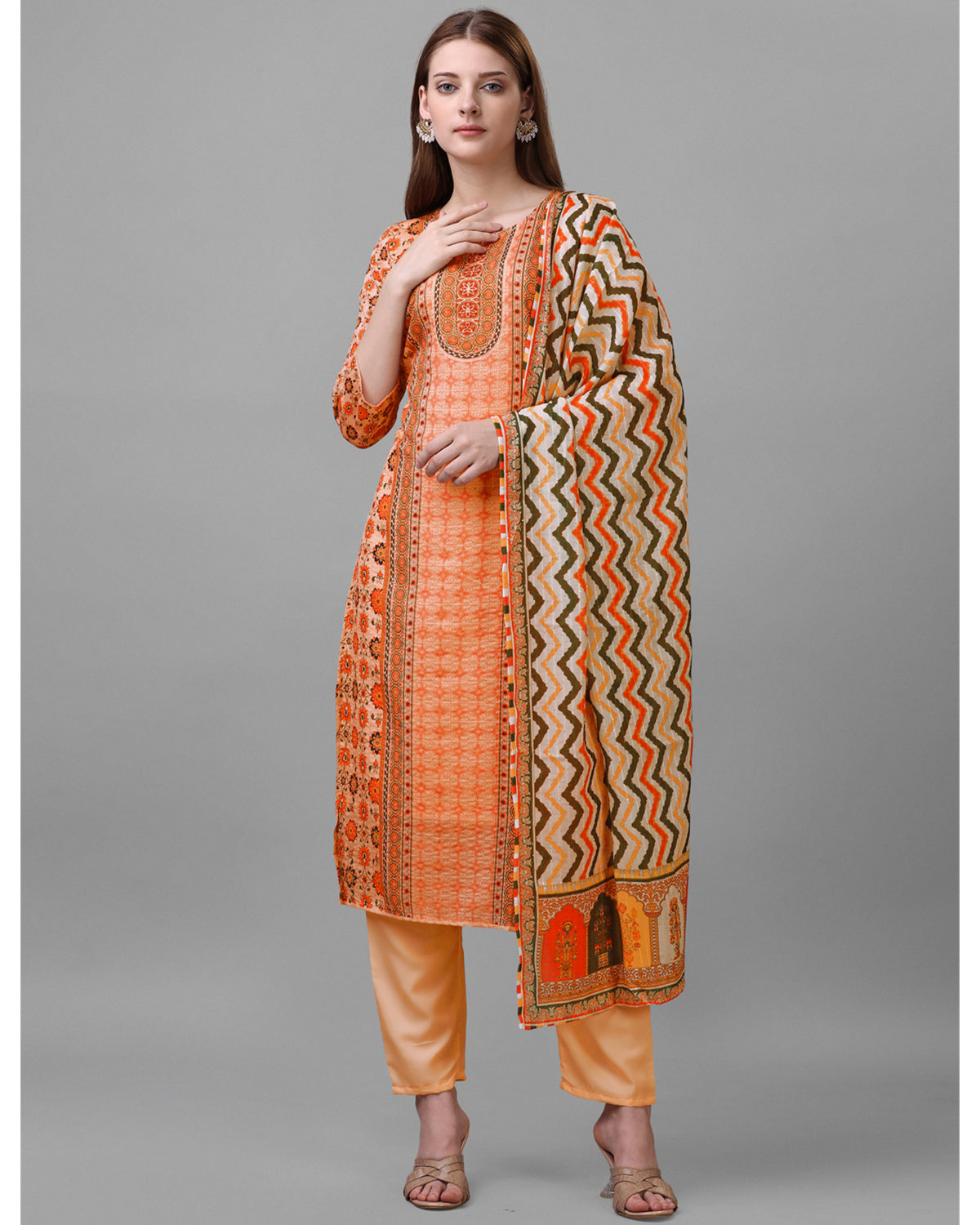 Cotton blend print kurta set with dupatta