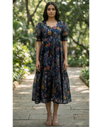 Chanderi Printed Fit and Flare Midi Dress for Women