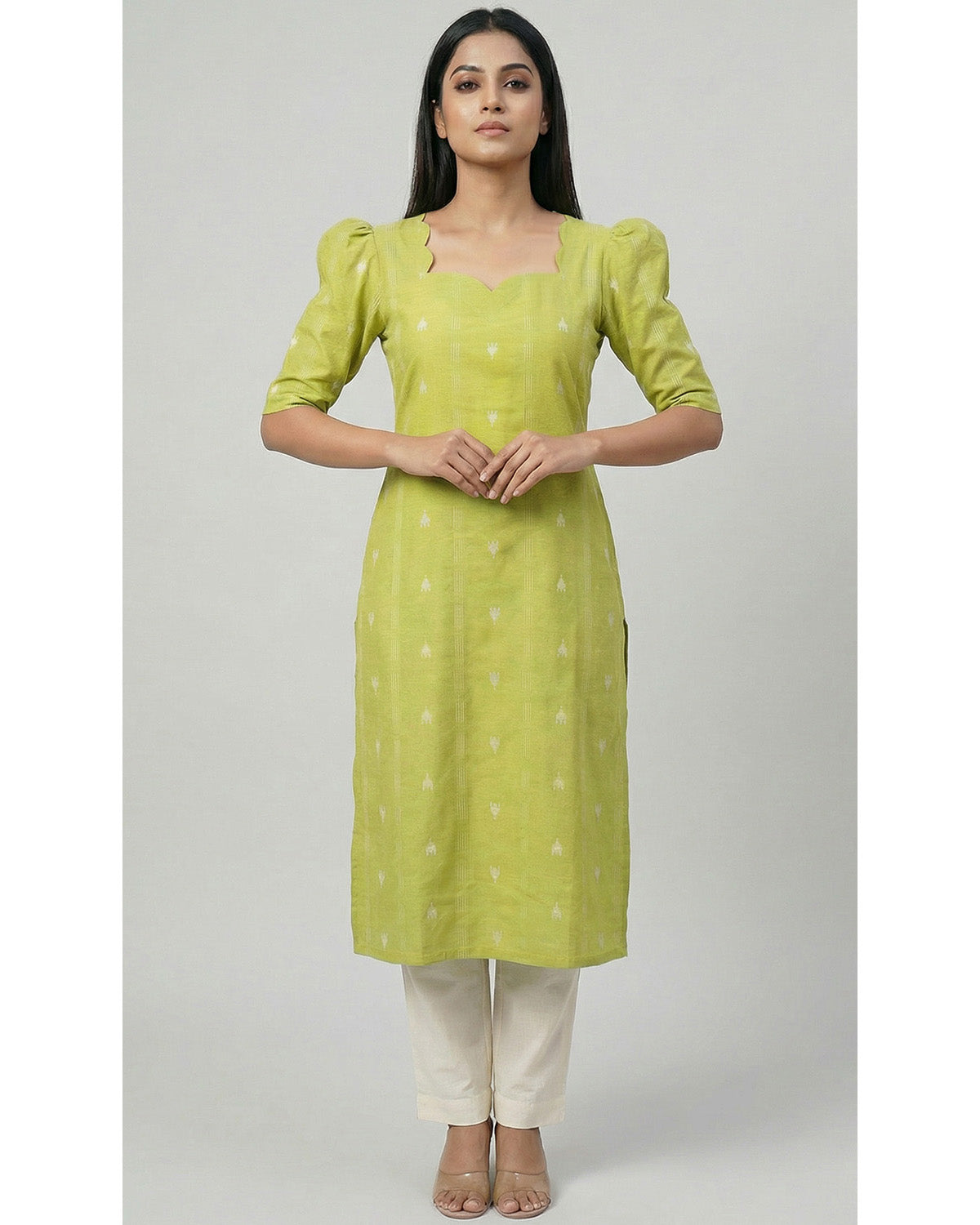 Women Green Handloom Cotton Straight Calf Length Kurta