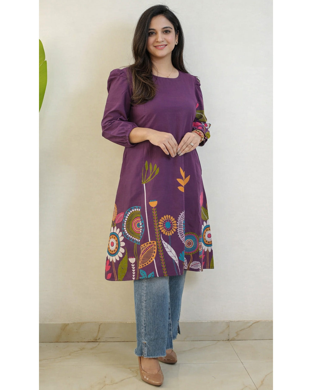 Purple Floral Printed Rayon A-Line Knee Length Kurti for Women