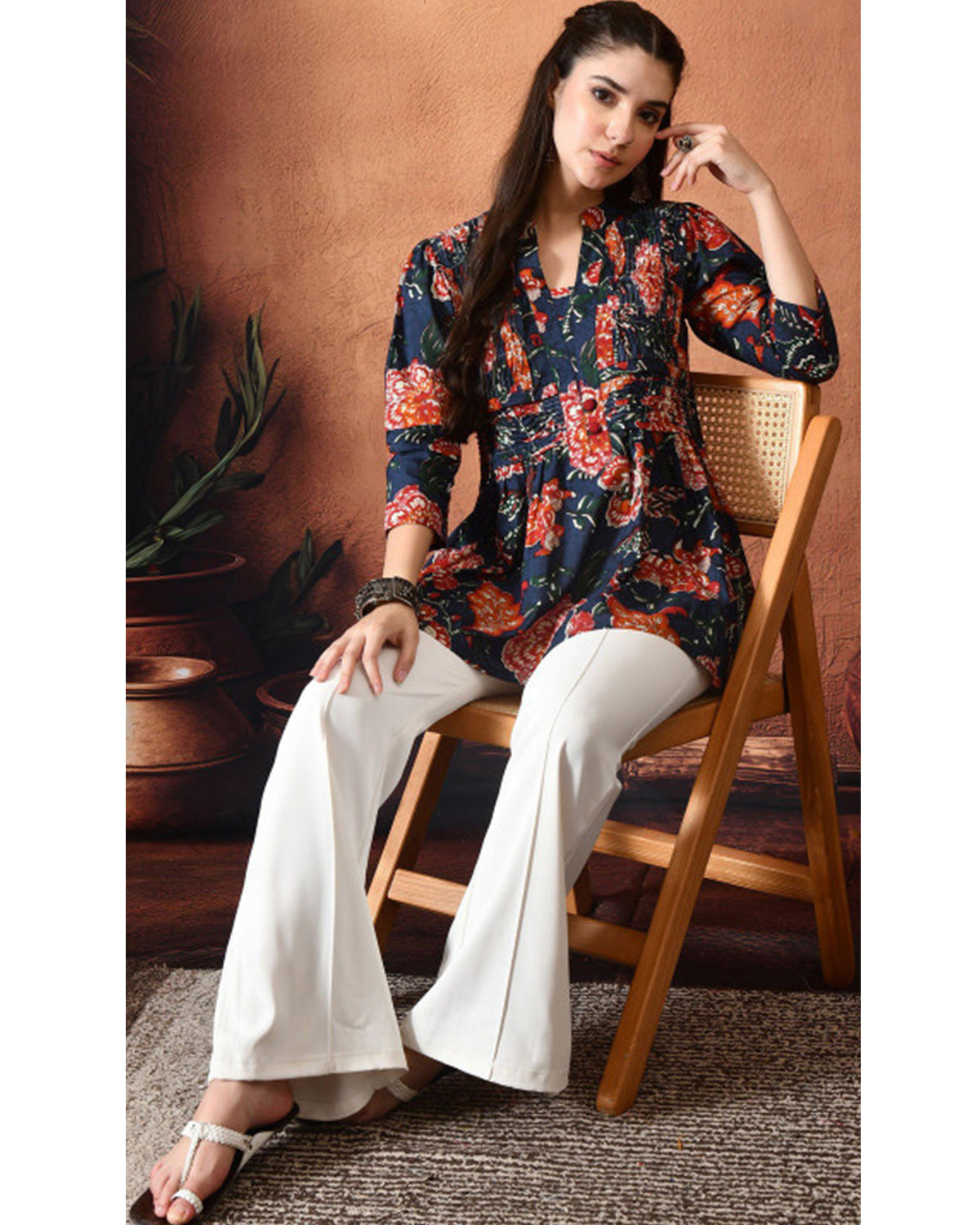 Women’s Cotton Floral Printed V-Neck Pleated Tunic Top