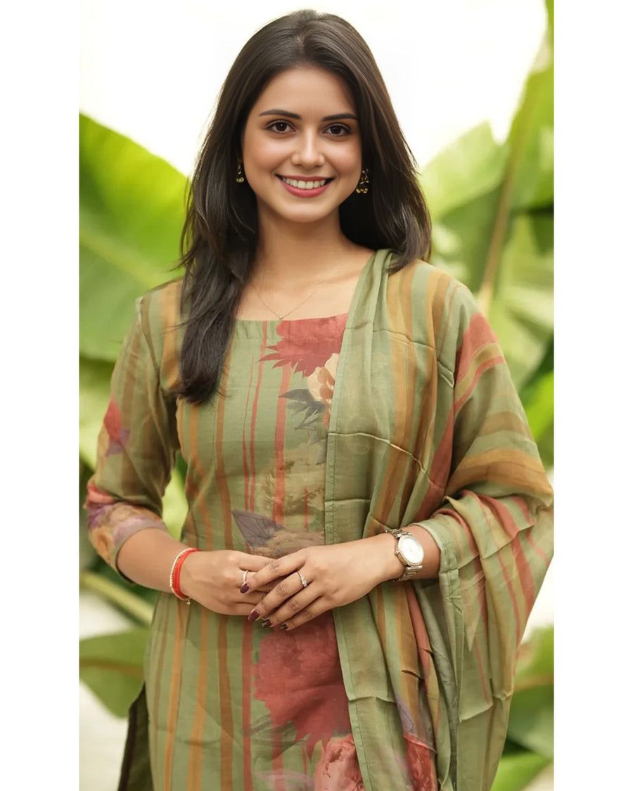 Olive Bloom Rayon Printed Kurta Set with Dupatta