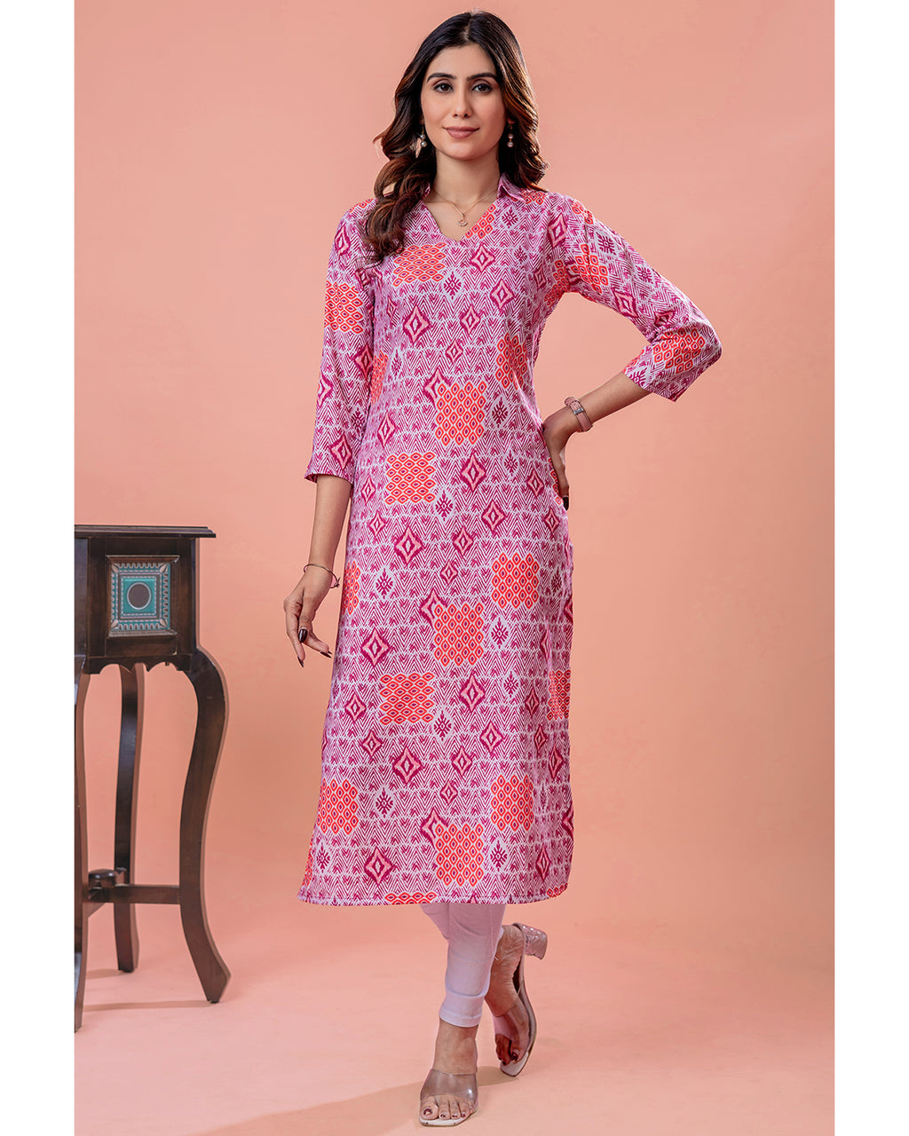 Women’s Pink Printed Rayon Slub Straight Kurta