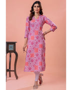 Women’s Pink Printed Rayon Slub Straight Kurta