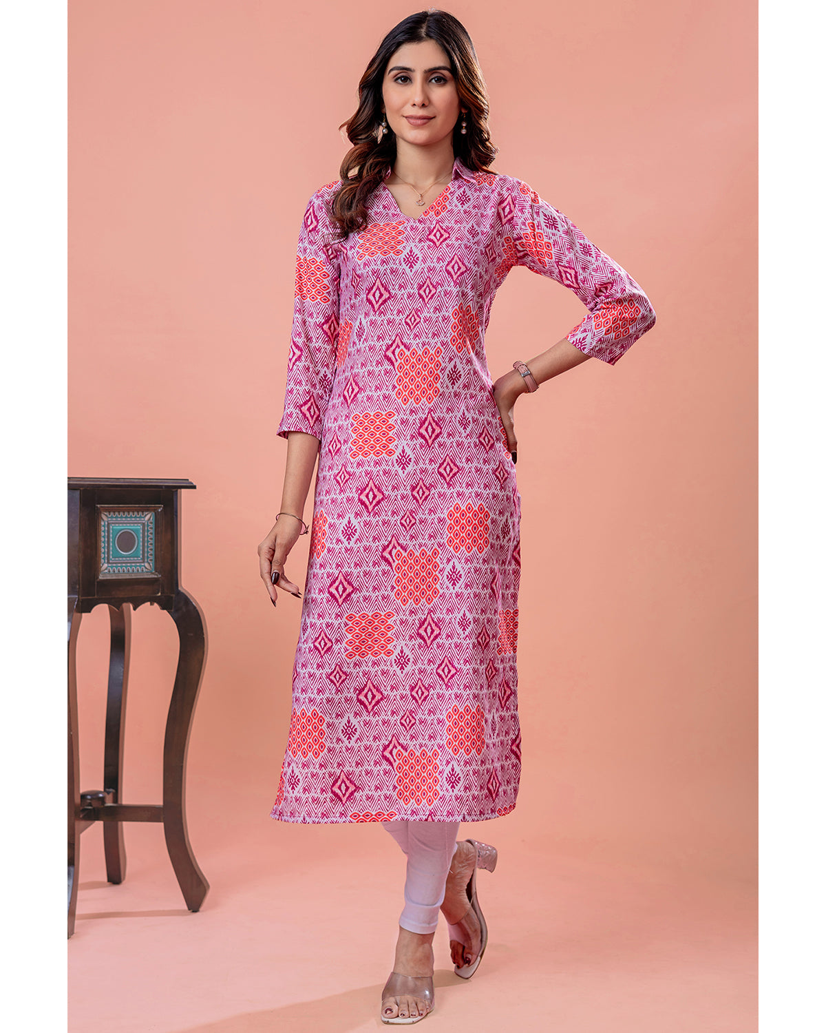 Women’s Pink Printed Rayon Slub Straight Kurta