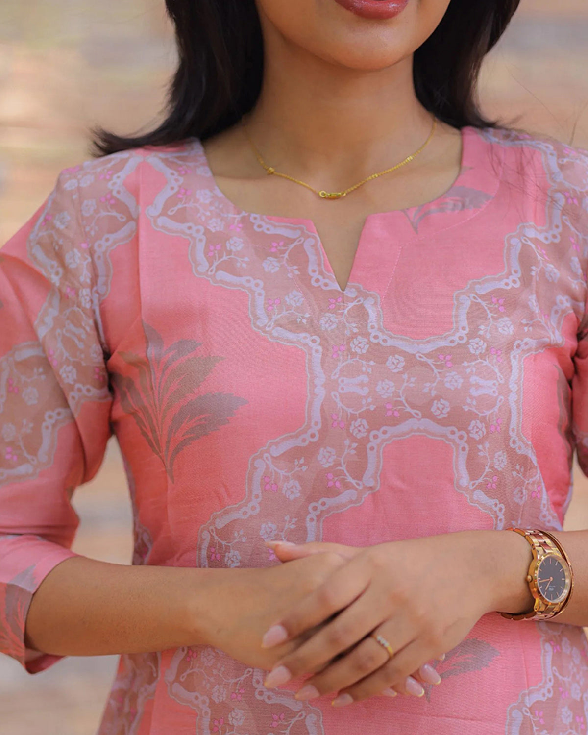 Women’s Chanderi Floral Printed Straight Kurti – Calf Length