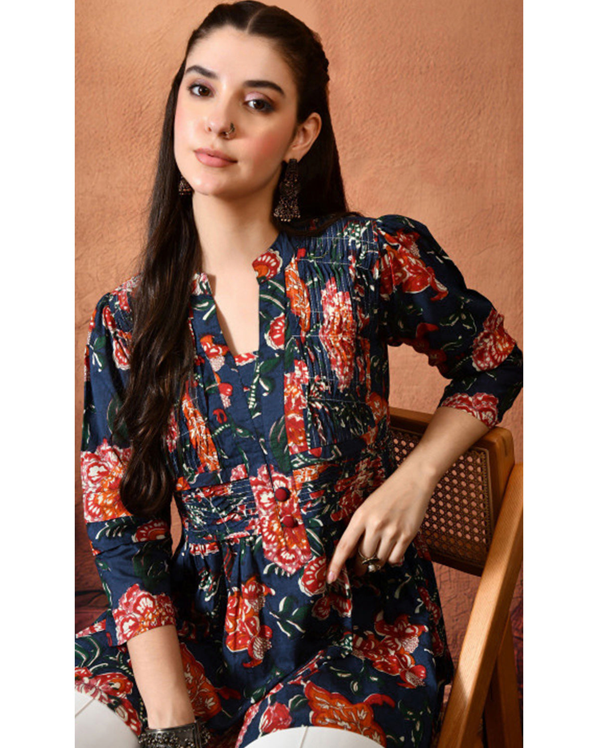 Women’s Cotton Floral Printed V-Neck Pleated Tunic Top