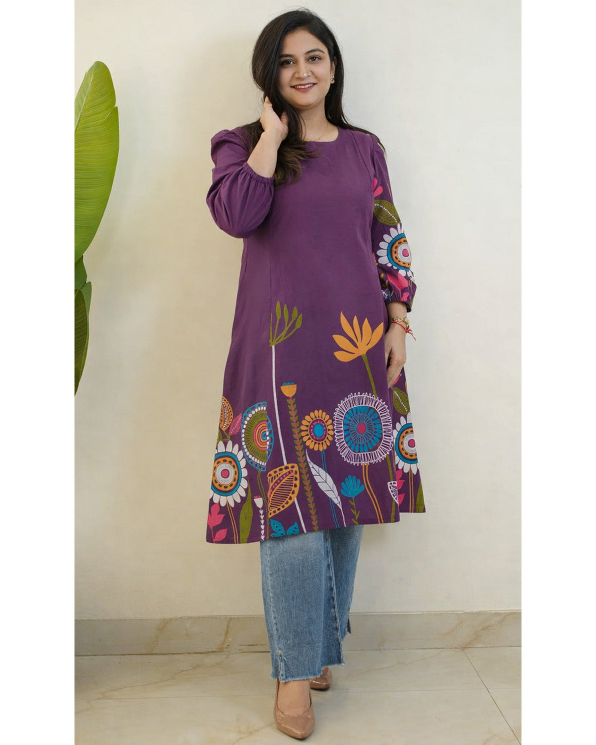 Purple Floral Printed Rayon A-Line Knee Length Kurti for Women