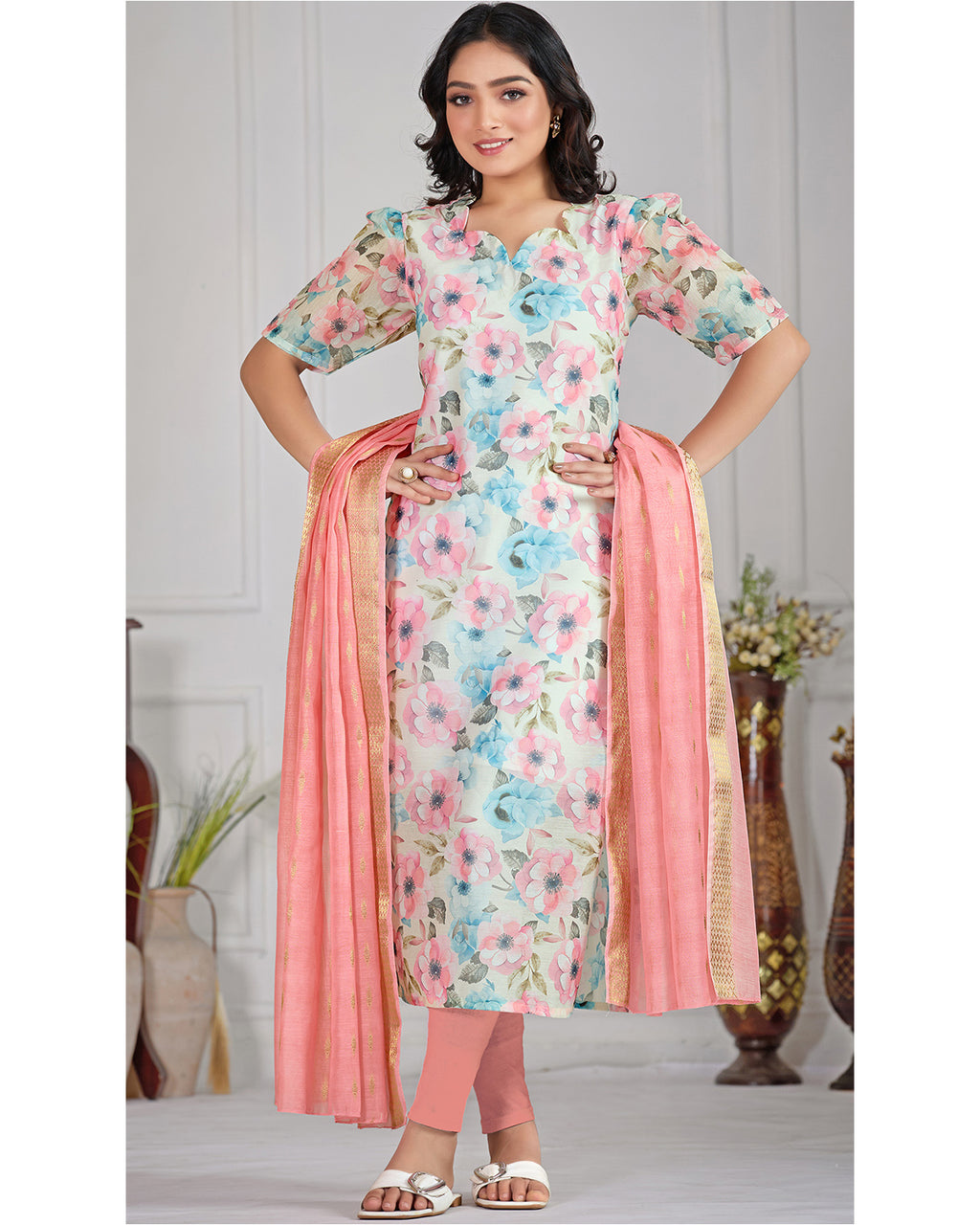 Women’s Chanderi Printed Straight Kurta with Dupatta
