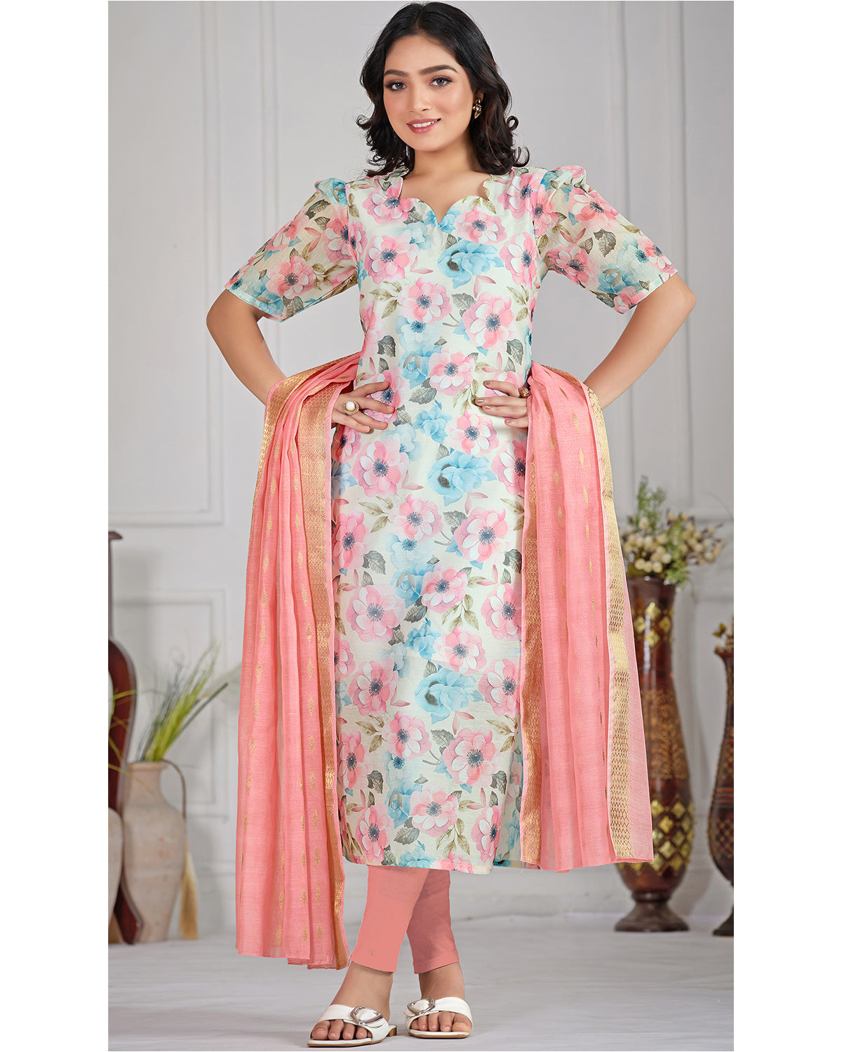 Women’s Chanderi Printed Straight Kurta with Dupatta