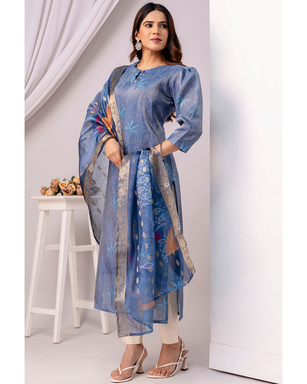 Women’s Shimmer Silk Printed Kurta with Dupatta