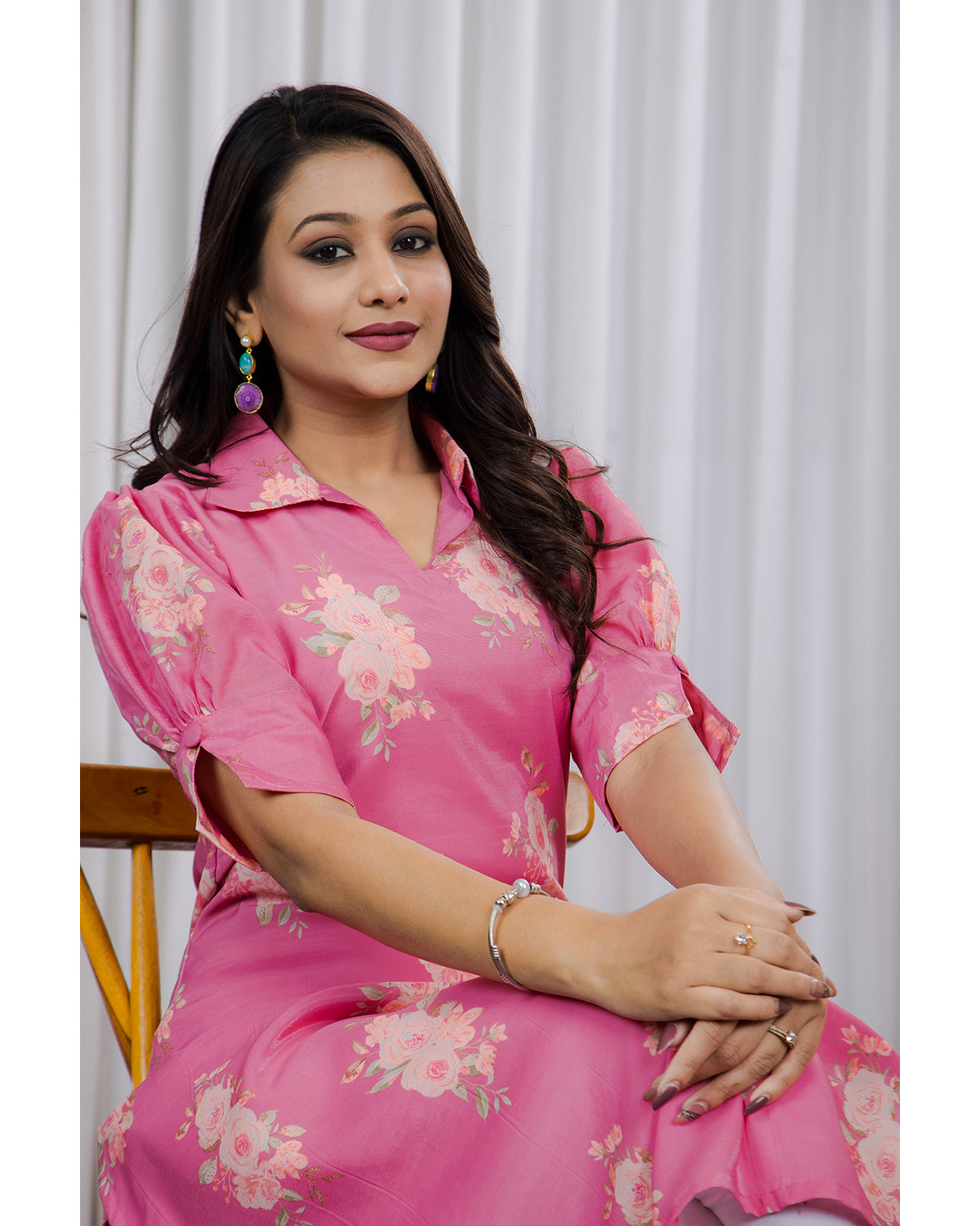 Chanderi Floral Printed Calf Length Kurta For Women