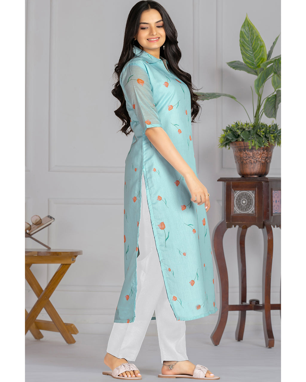 Women's Chanderi Stitched Printed Straight Kurta