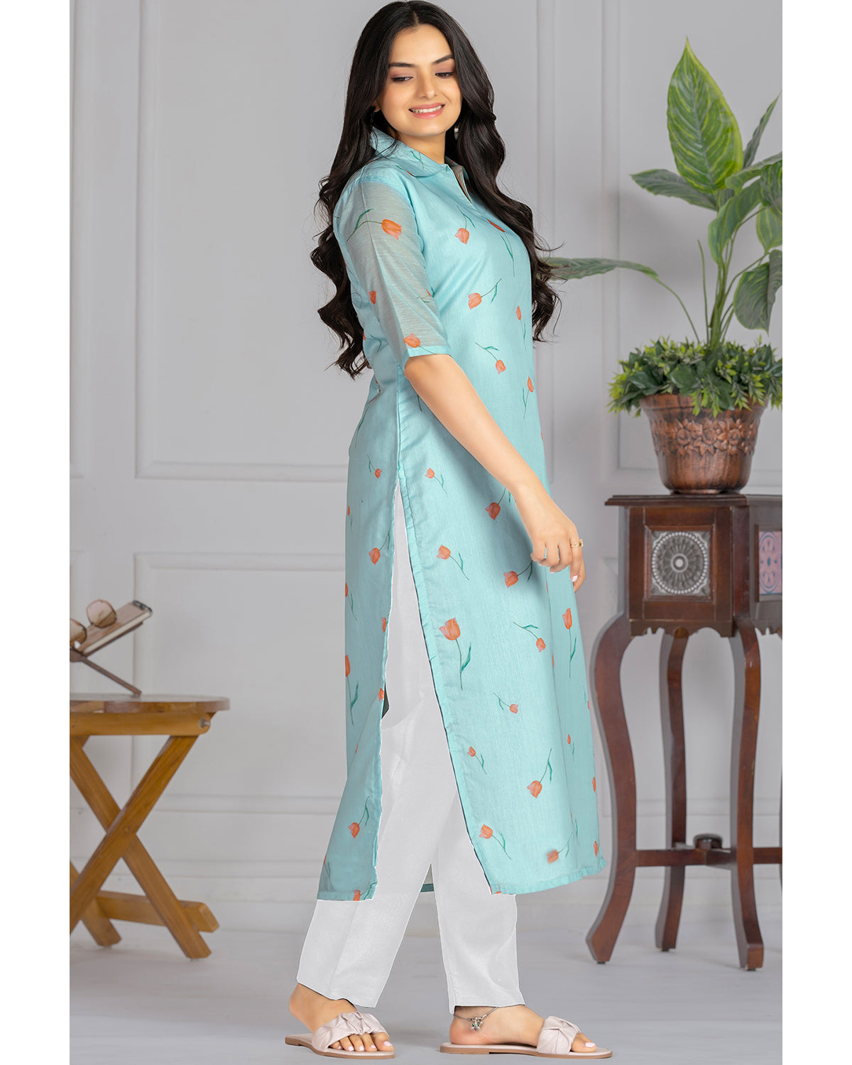 Women's Chanderi Stitched Printed Straight Kurta
