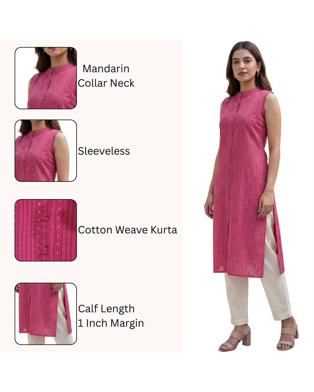Women Pink Handloom Cotton Straight Calf Length Sleeveless Kurta