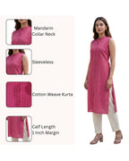 Women Pink Handloom Cotton Straight Calf Length Sleeveless Kurta