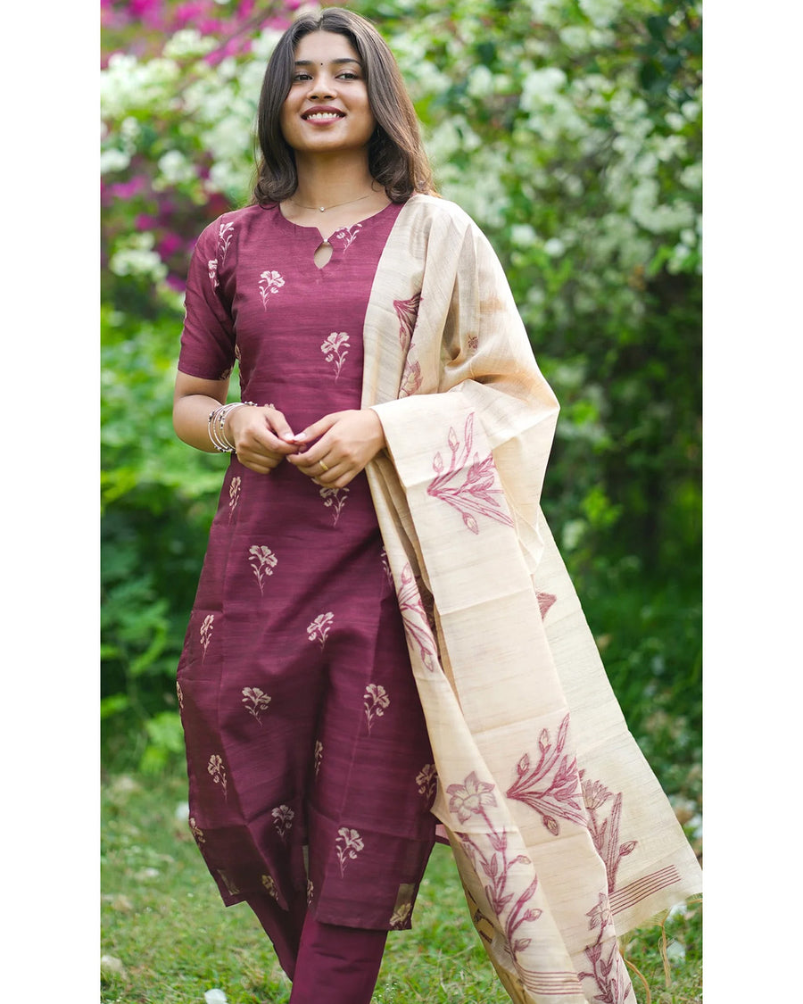 Elegant Women’s 3 Piece Chanderi Silk Kurta with Pant & Dupatta