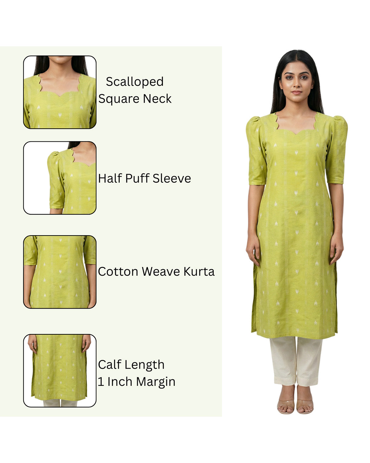 Women Green Handloom Cotton Straight Calf Length Kurta