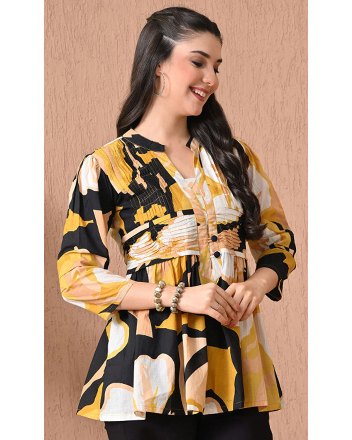 Women’s Cotton Abstract Printed Pleated Yoke Top