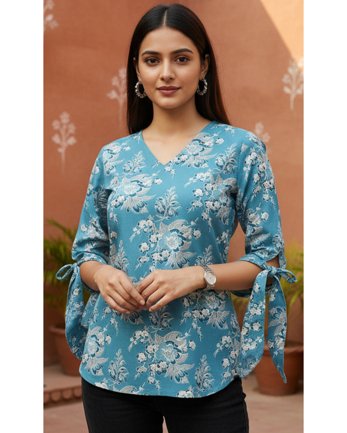 Women’s Cotton Floral Printed V-Neck Tunic Top with Tie-Up Sleeves