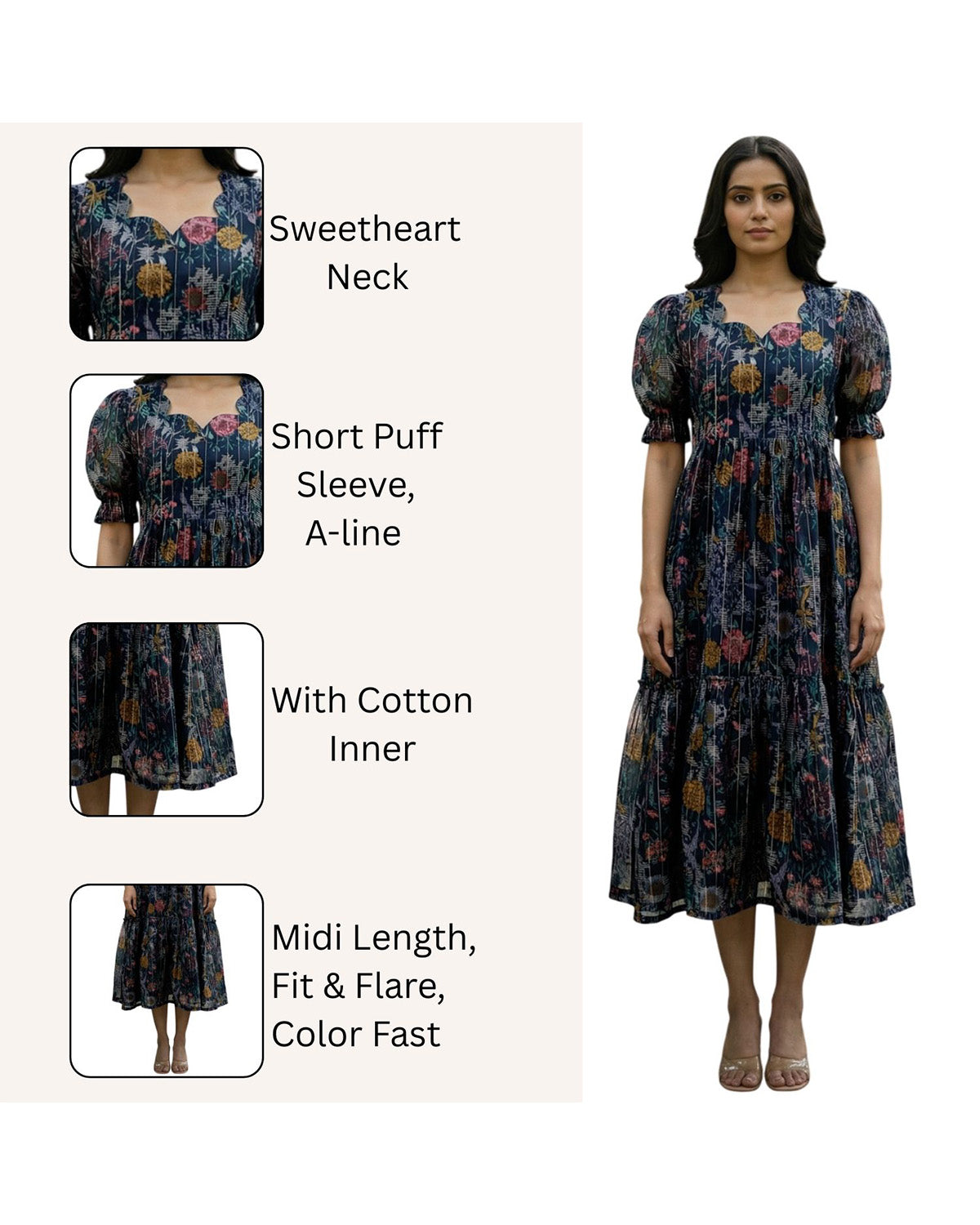 Chanderi Printed Fit and Flare Midi Dress for Women