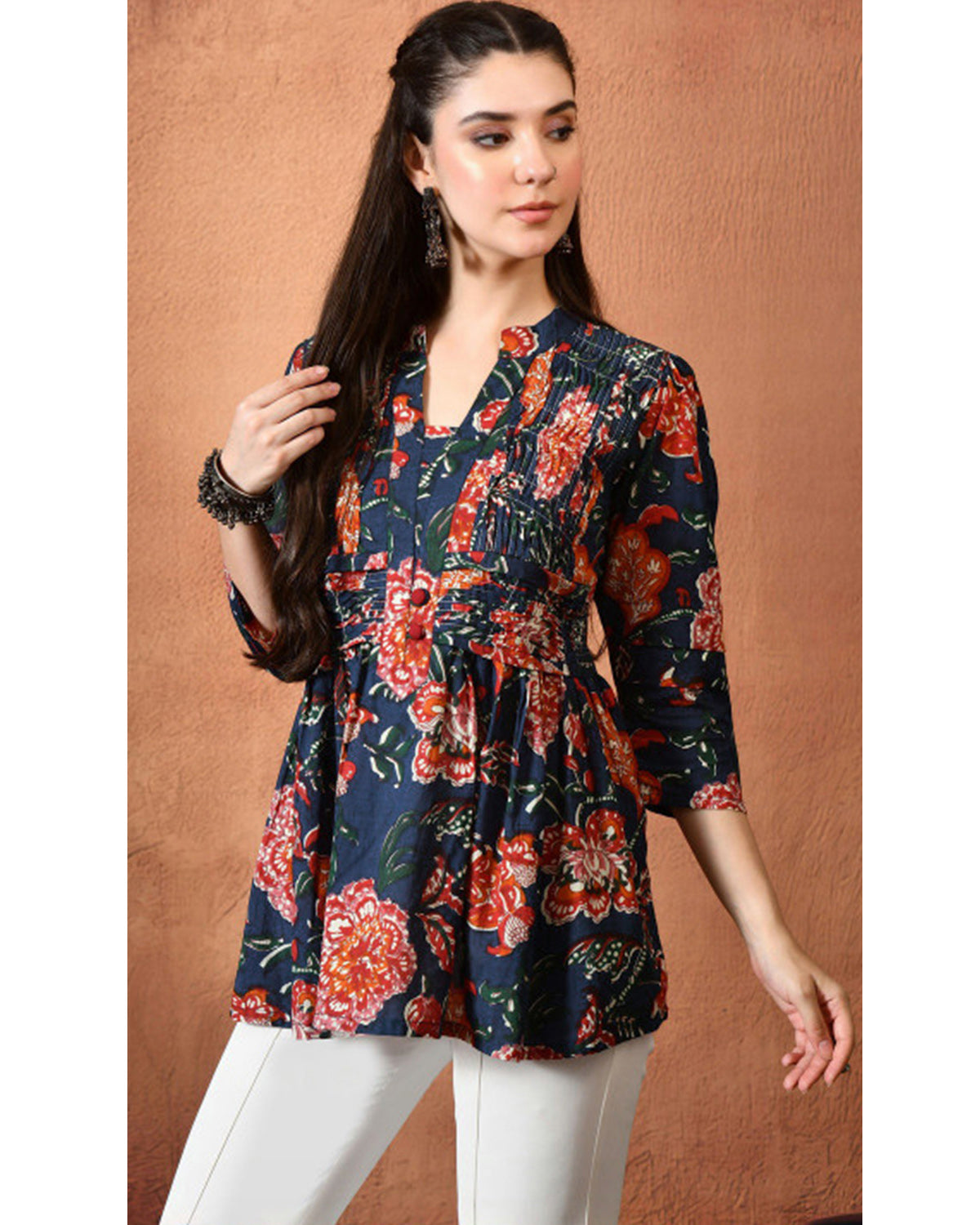 Women’s Cotton Floral Printed V-Neck Pleated Tunic Top