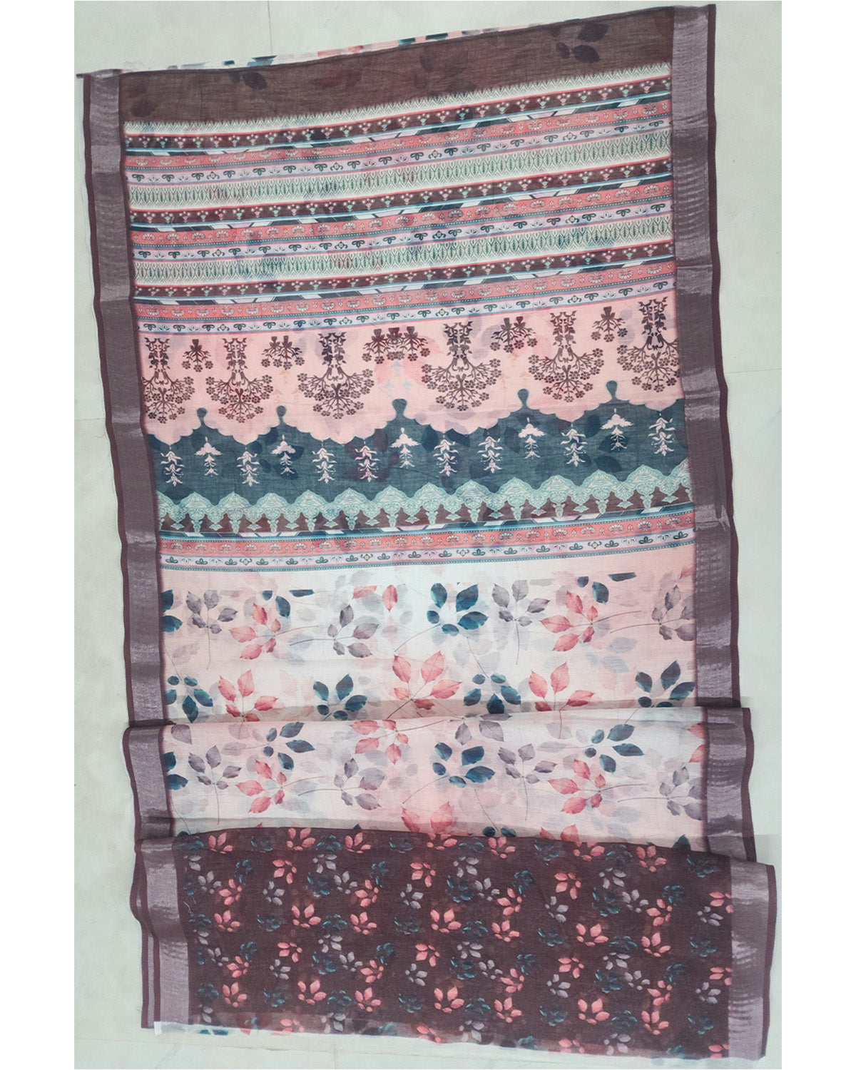 Pink Linen Saree with Floral Print and Mauve Border With Blouse Piece