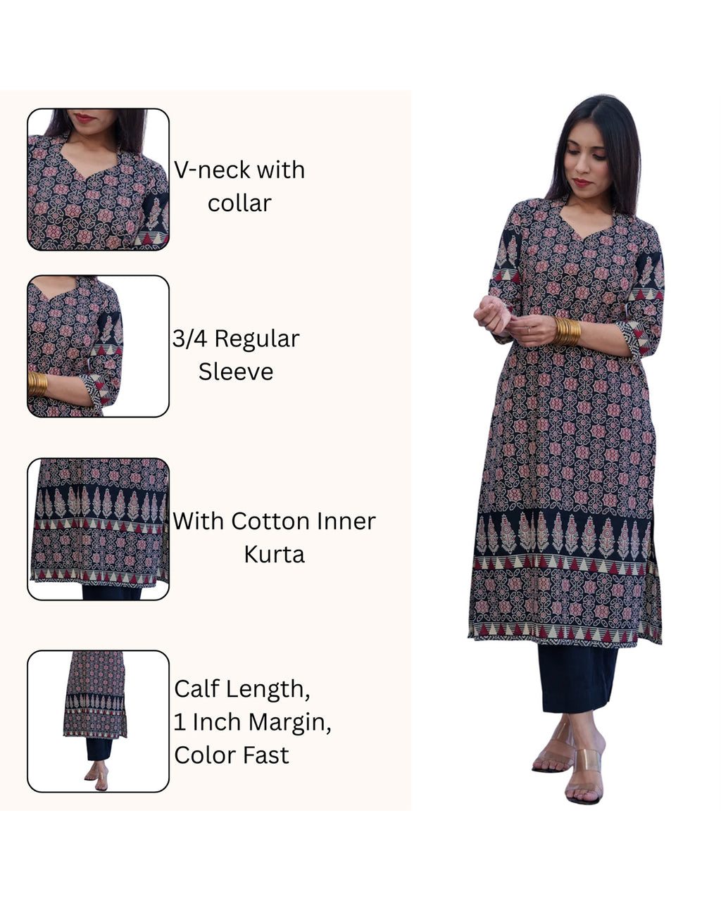 Black Rayon Calf Length Kurta for Women