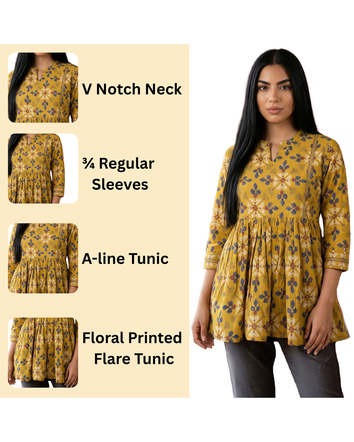 Women’s Cotton Floral Printed A-Line Tunic Top for Office Wear
