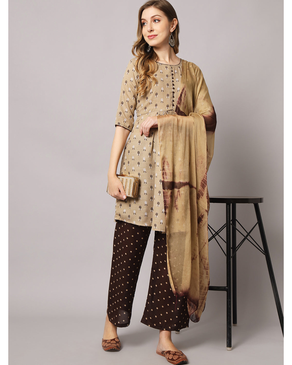 Cotton blend print kurta set with dupatta