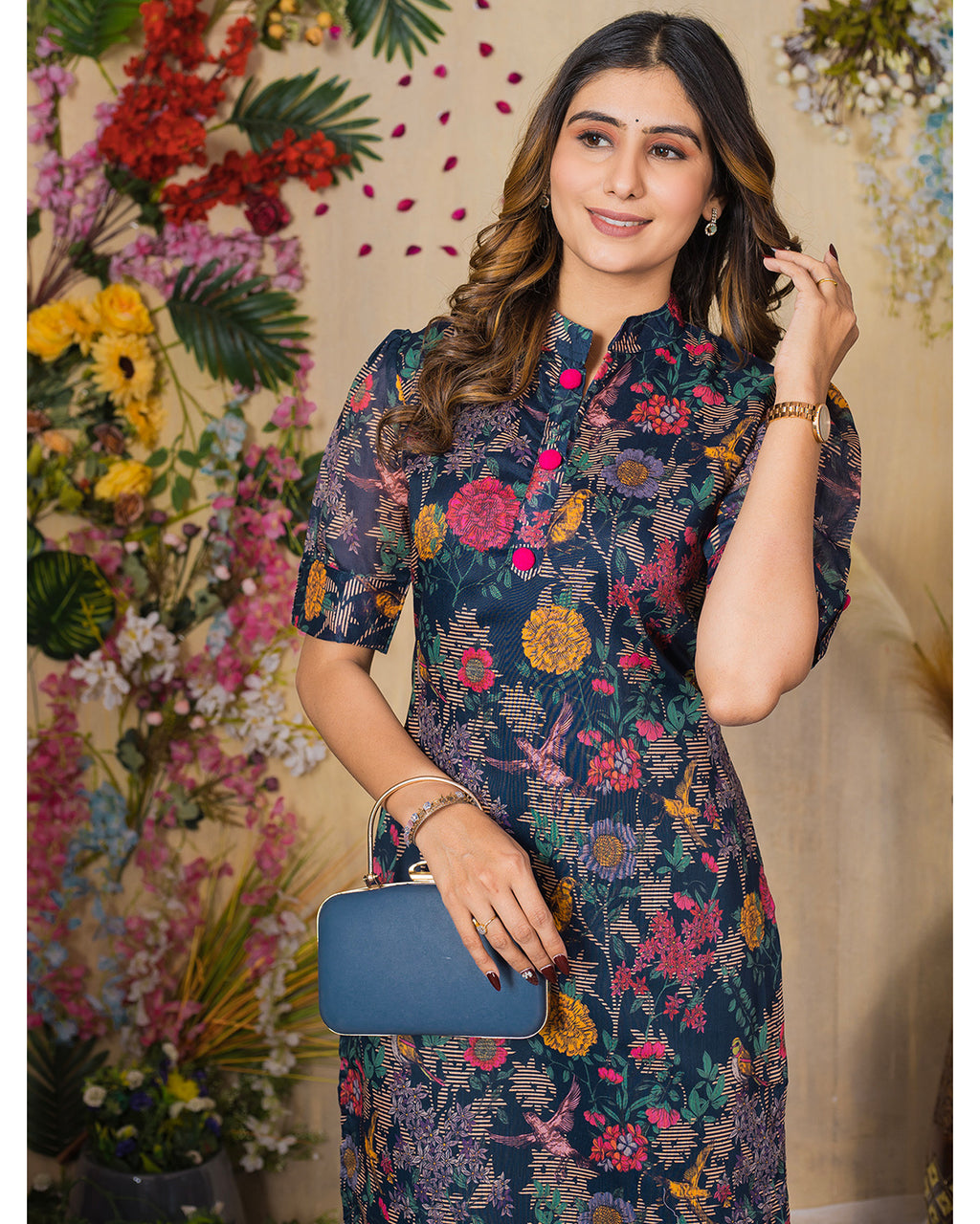 Chanderi Floral Printed Calf Length Kurta For Women