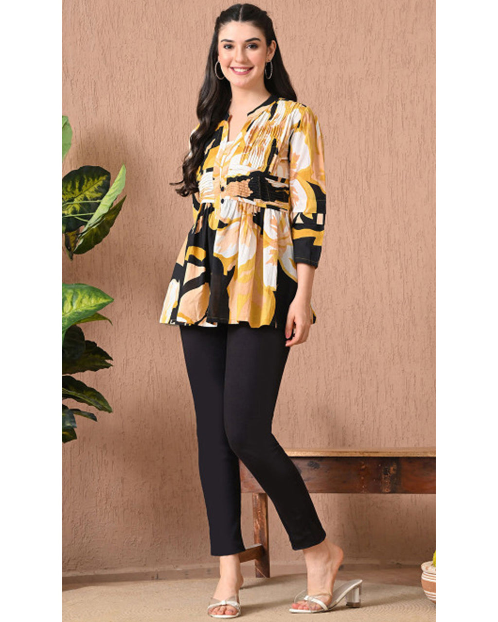 Women’s Cotton Abstract Printed Pleated Yoke Top
