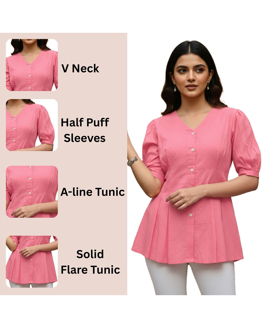 Women’s Peach Cotton V-Neck Peplum Tunic Top