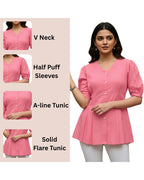 Women’s Peach Cotton V-Neck Peplum Tunic Top