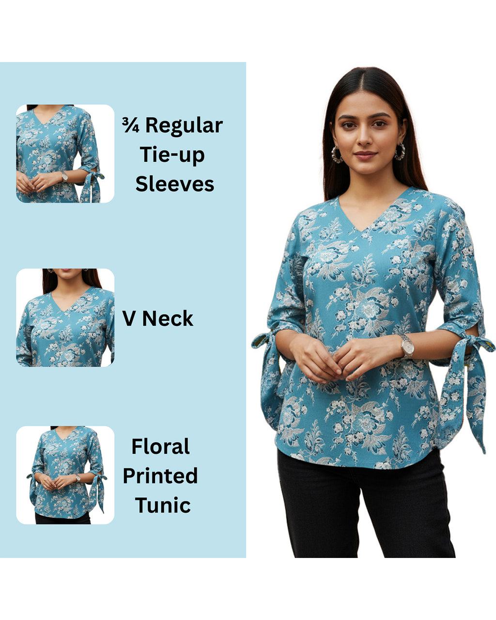 Women’s Cotton Floral Printed V-Neck Tunic Top with Tie-Up Sleeves