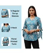 Women’s Cotton Floral Printed V-Neck Tunic Top with Tie-Up Sleeves