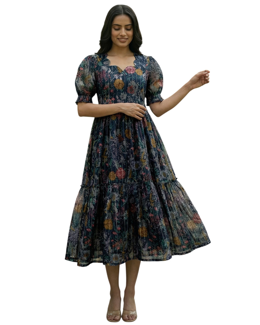 Chanderi Printed Fit and Flare Midi Dress for Women