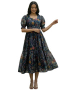 Chanderi Printed Fit and Flare Midi Dress for Women