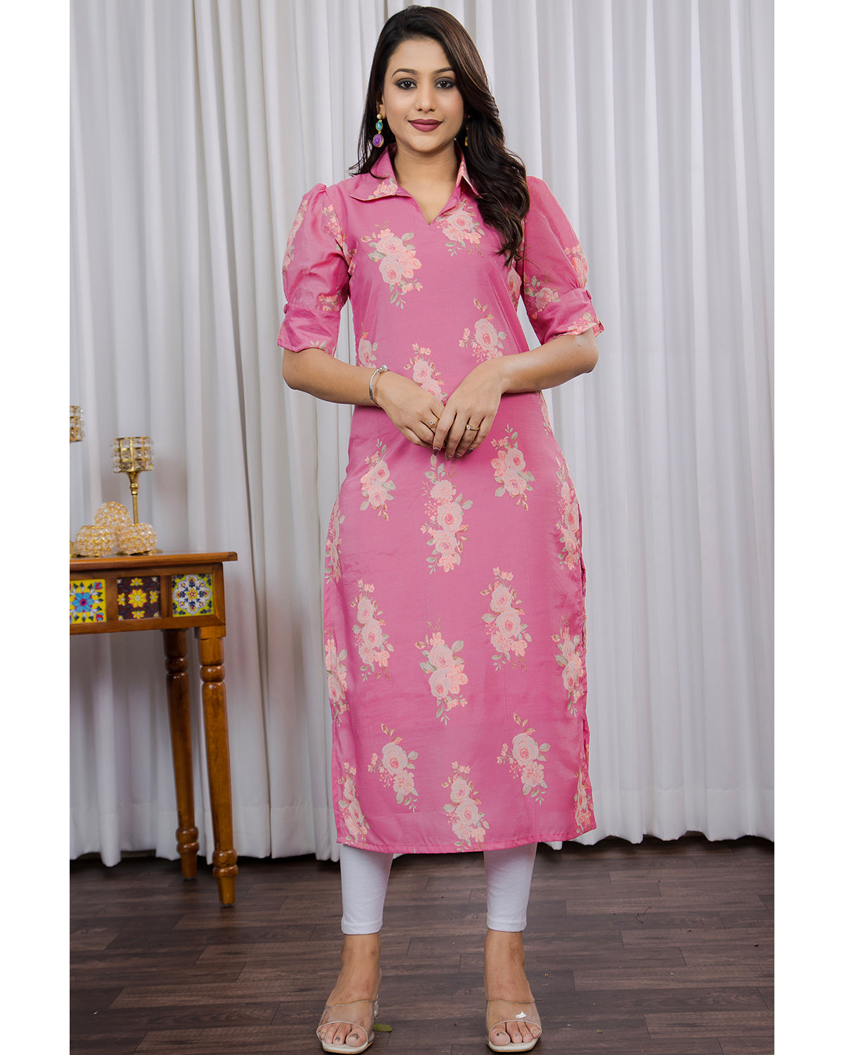 Chanderi Floral Printed Calf Length Kurta For Women