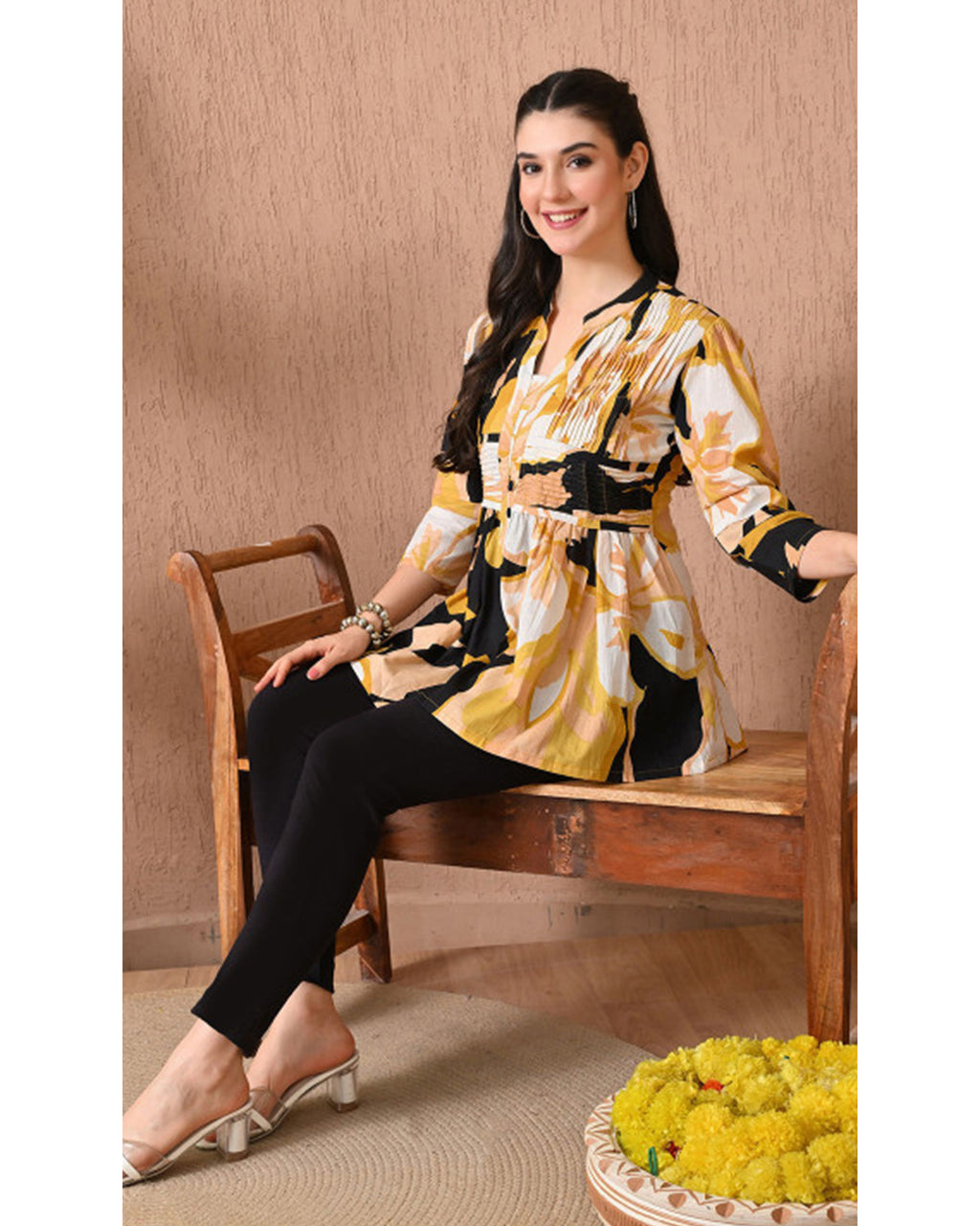 Women’s Cotton Abstract Printed Pleated Yoke Top